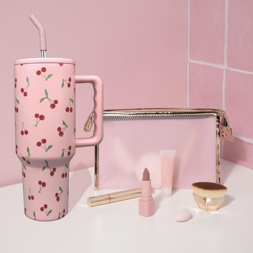 Bicchiere Ciliegio con Cannuccia e Coperchio Isolato Sottovuoto 40oz Acciaio Inox Rosa... - Foto 7 di 7