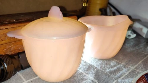 Vintage Fire-King Pink Swirl Sugar & Creamer Set Made By Anchor Hocking 1940-50s