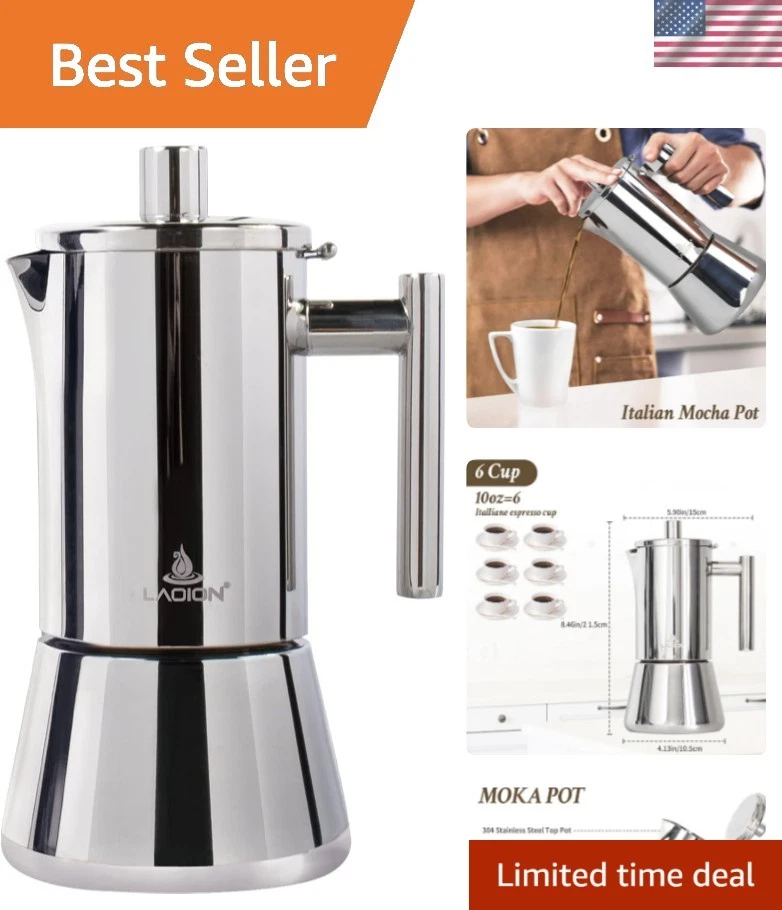 Stovetop Espresso Maker, 6Cup 10 oz Moka Pot, Stainless Steel Cuban and Itali...