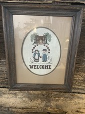 Vintage 1978 Hand Cross Stitch Framed Welcome Couple On Oak Grey Washed 14x17