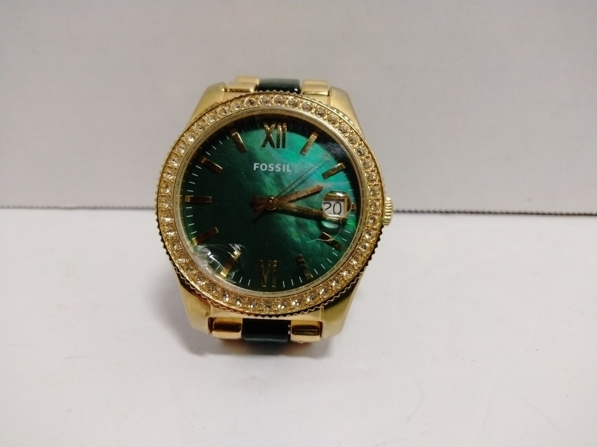 Fossil Gold & Green Analog Wristwatch Gem-Set Bezel Roman  display picture 2