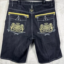 Y2K Urban Label Mens Black Denim Jean Shorts Baggy Embellished Size 38