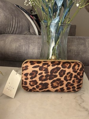 A New Day Leopard Print Clutch with Gold Chain and Detachable Strap
