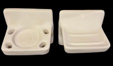 Mid Century Set of White Ceramic Porcelain Soap Dish Toothbrush Razor Holder