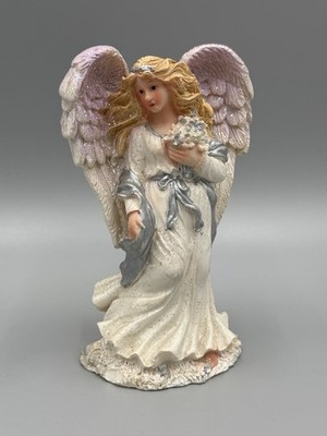 Beautiful Angel In White Dress Pink Wings Holding Flowers Figurine 5 