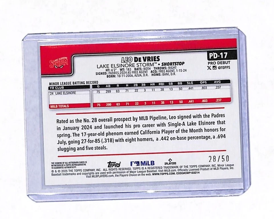 2025 Topps Pro Debut Leo De Vries 28/50 Gold Auto Autograph Card Padres  - Image 2 of 2