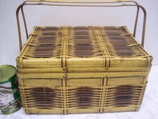 Vintage BAMBOO BOX BASKET Sewing Crafts Knitting HINGED TWO TONE 12.5"W  1940's