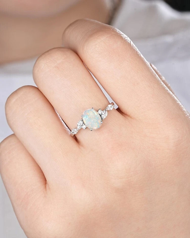 Oval Natural Australian Opal 925 Sterling Silver Vintage Wedding Engagement Ring - Image 3 of 4