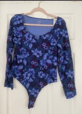 Victorias Secret PINK Cotton Long Sleeve Bodysuit Shirt Top Dark Blue Floral