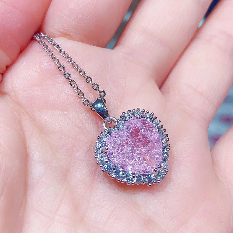 Nuevo Hecho a Mano Dije Corazón Rosa Hielo Topacio Gemas Mujeres Collar Colgantes Plata Foto 2 de 4