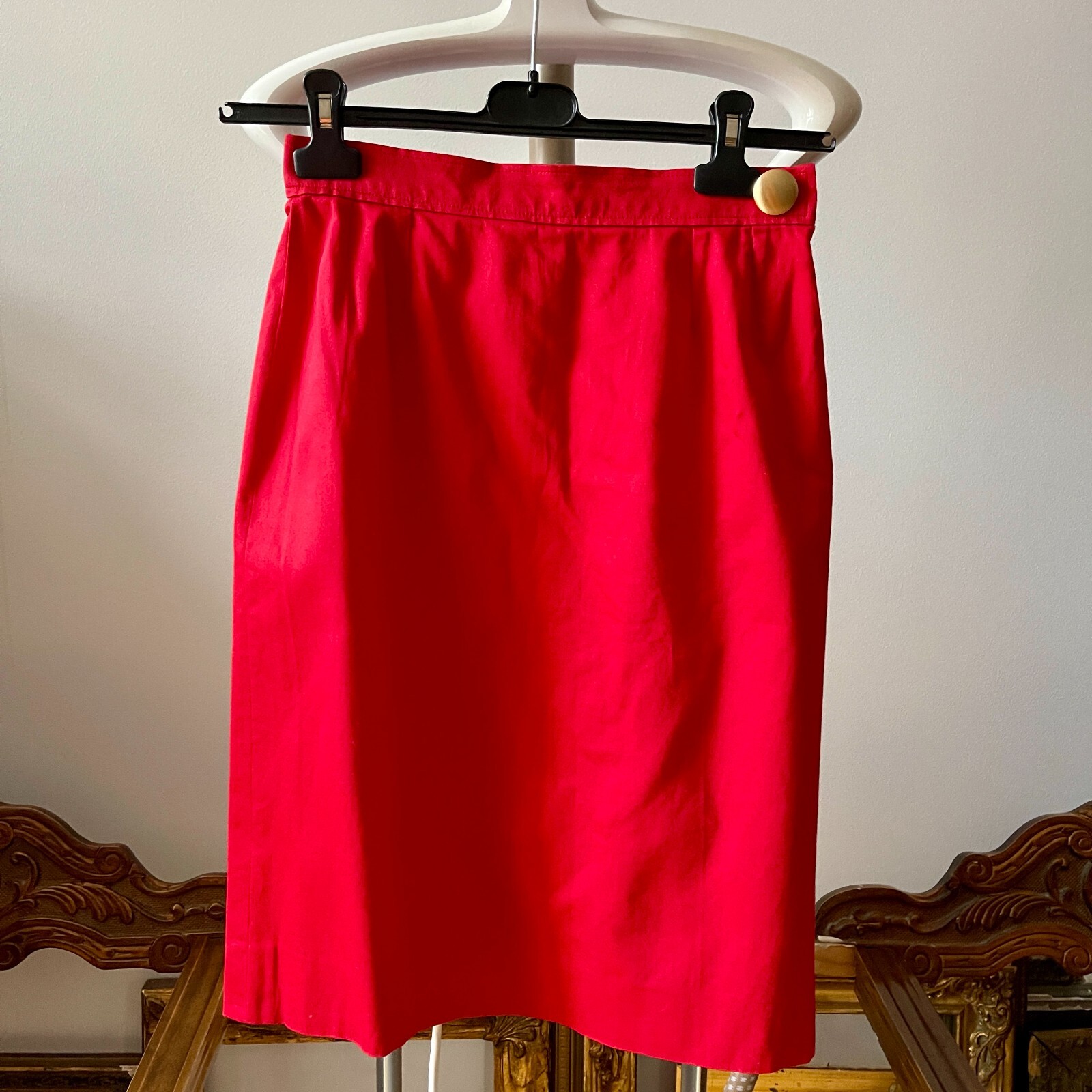 Vintage Yves Saint Laurent Red Pencil Midi Skirt Designer High Waist Cotton Ski