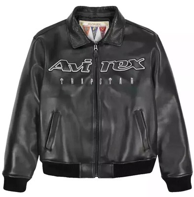 Men s Avirex Black Bomber   Trapstar-Inspired Real Cowhide Leather Jacket