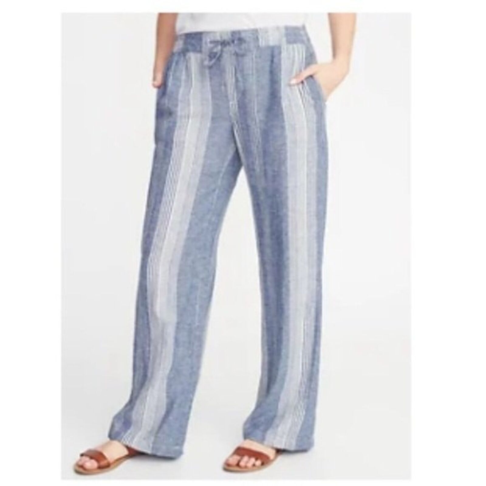 Old Navy Linen  Pants XXL Blues White StripeWide Leg drawstring waist NWT 2XL