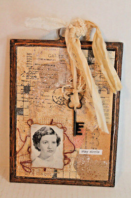 Handmade Object Assemblage Art Picture ''Stay Simple'' Mixed Media Collage 5x7''