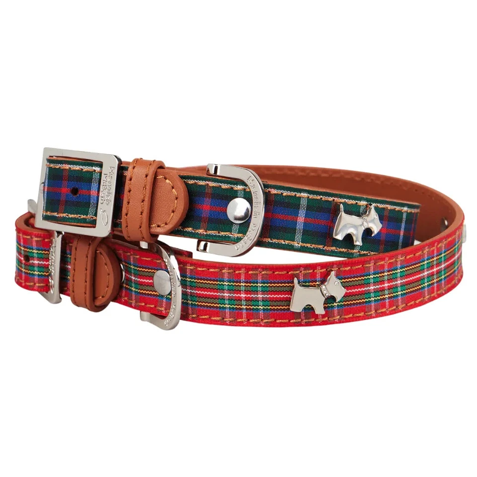 Hamish McBeth Luxury Designer Highland Red & Blue Tartan Dog Collar Real Leather