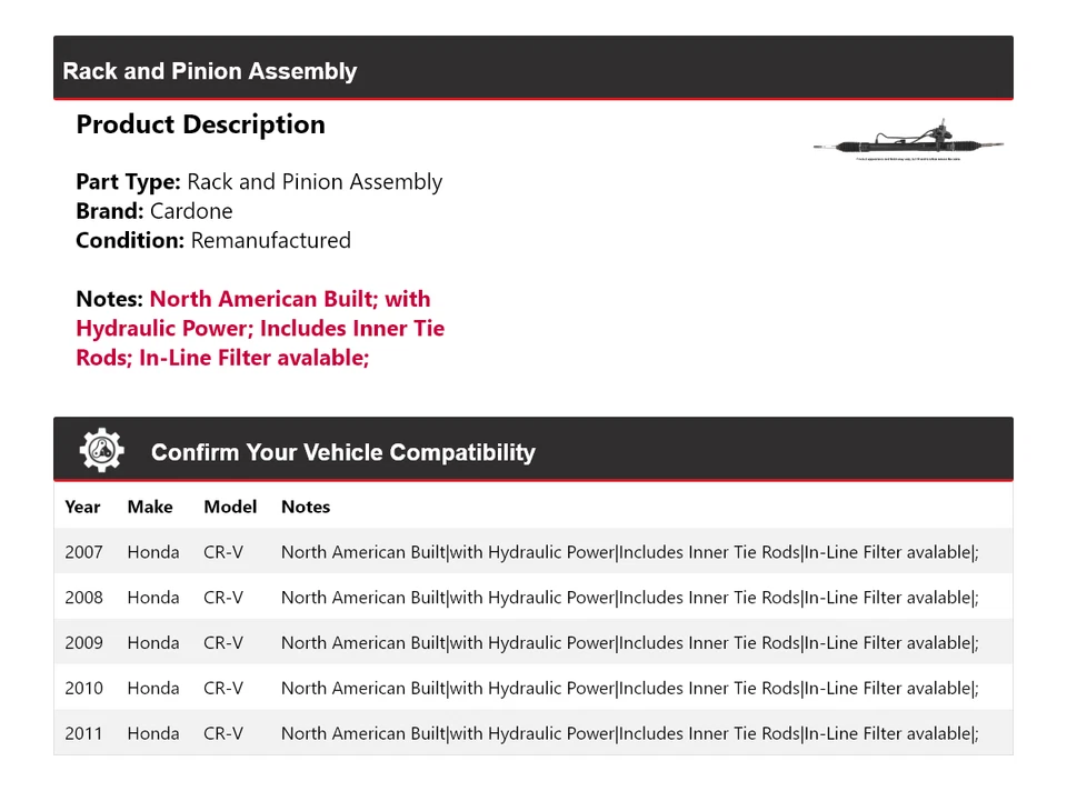Para 2007-2011 Honda CR-V montagem de rack e pinhão Cardone 2008 2009 2010 - Imagem 2 de 4