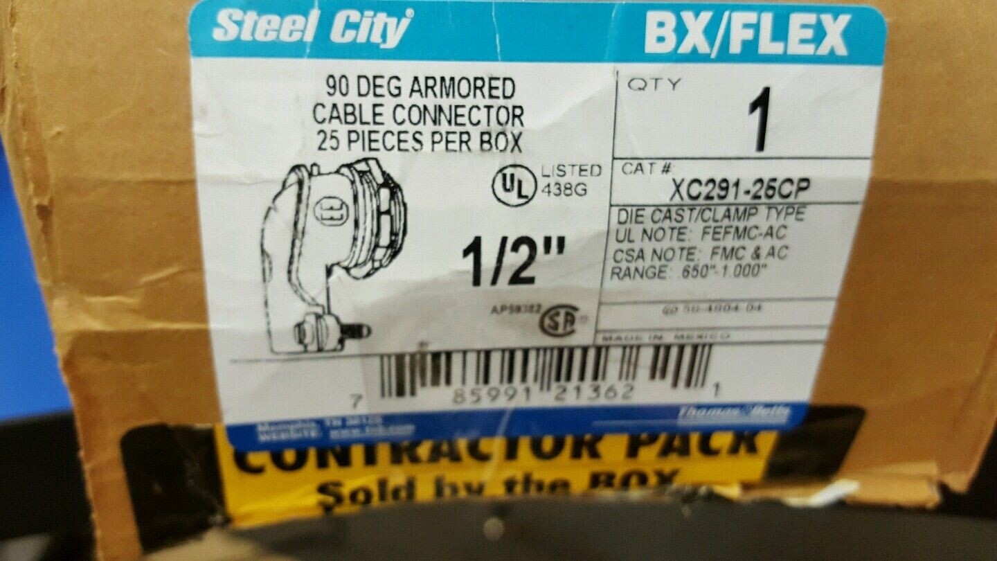 THOMAS & BETTS STEEL CITY 1/2" ARMORED CABLE CONNECTORS, XC29125CPPACK OF 25 eBay