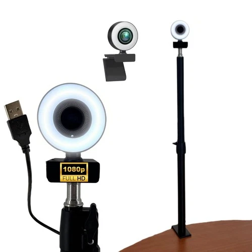 Autofokus Webcam mit Ringlicht Lampe Klemmstativ Tischplatte Halterung Full HD 1