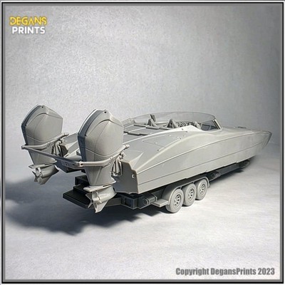 390X Offshore Racing cat boat model with articulating tilt trailer. 1-24 Scale G