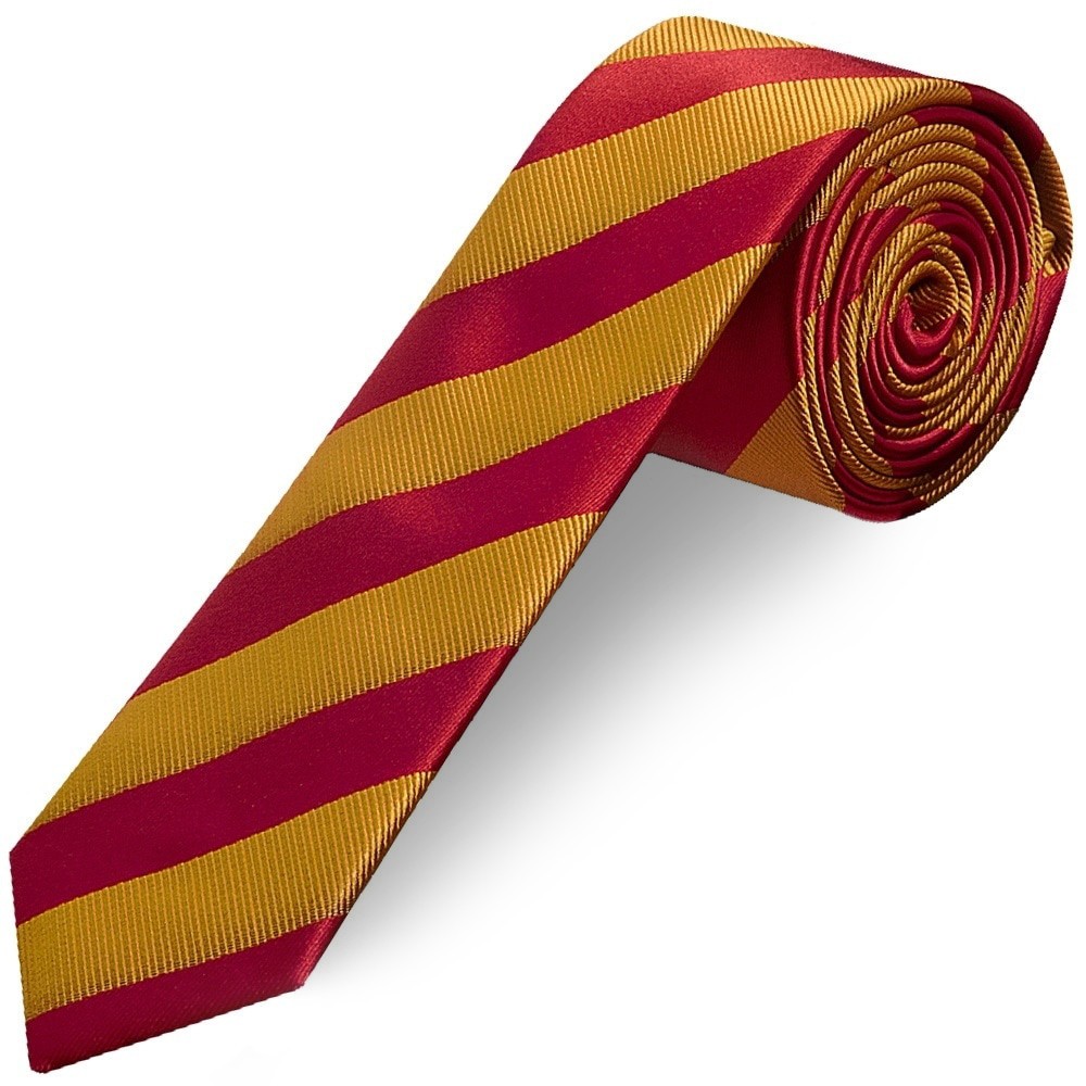 TIES R US Red and Gold Striped Skinny Men's Tie Slim Tie Thin Tie Wedding Tie
