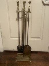 Vintage Brass Fireplace Tool Set 4-Piece w/St...