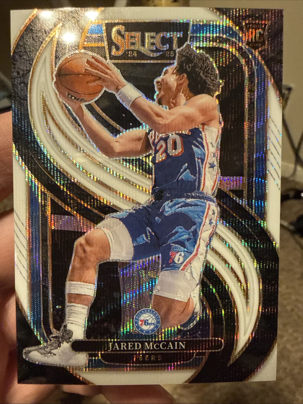 Jared McCain 2024-25 Select Premier Level White Wave Prizm /99 Rookie #184 76ers