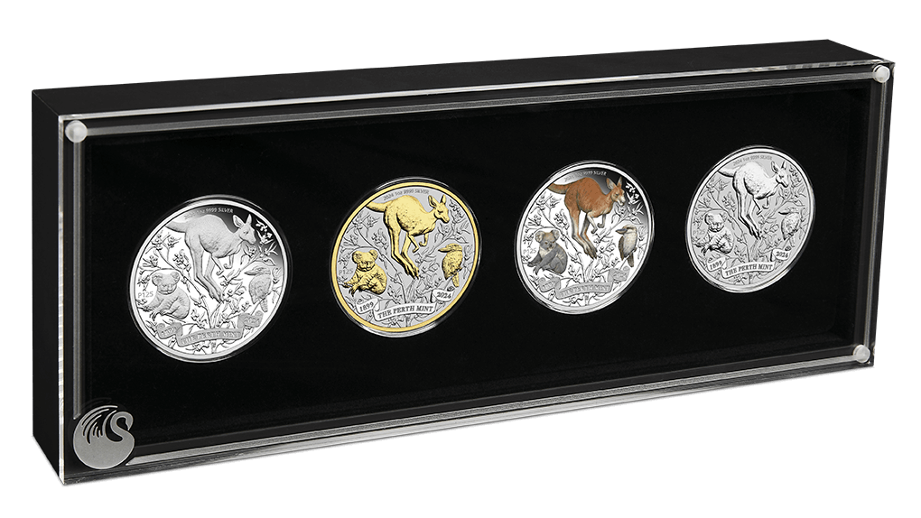 2024 Australia Perth Mint 125th Ann. Kangaroo 4 x 1 oz Silver Typeset Collection
