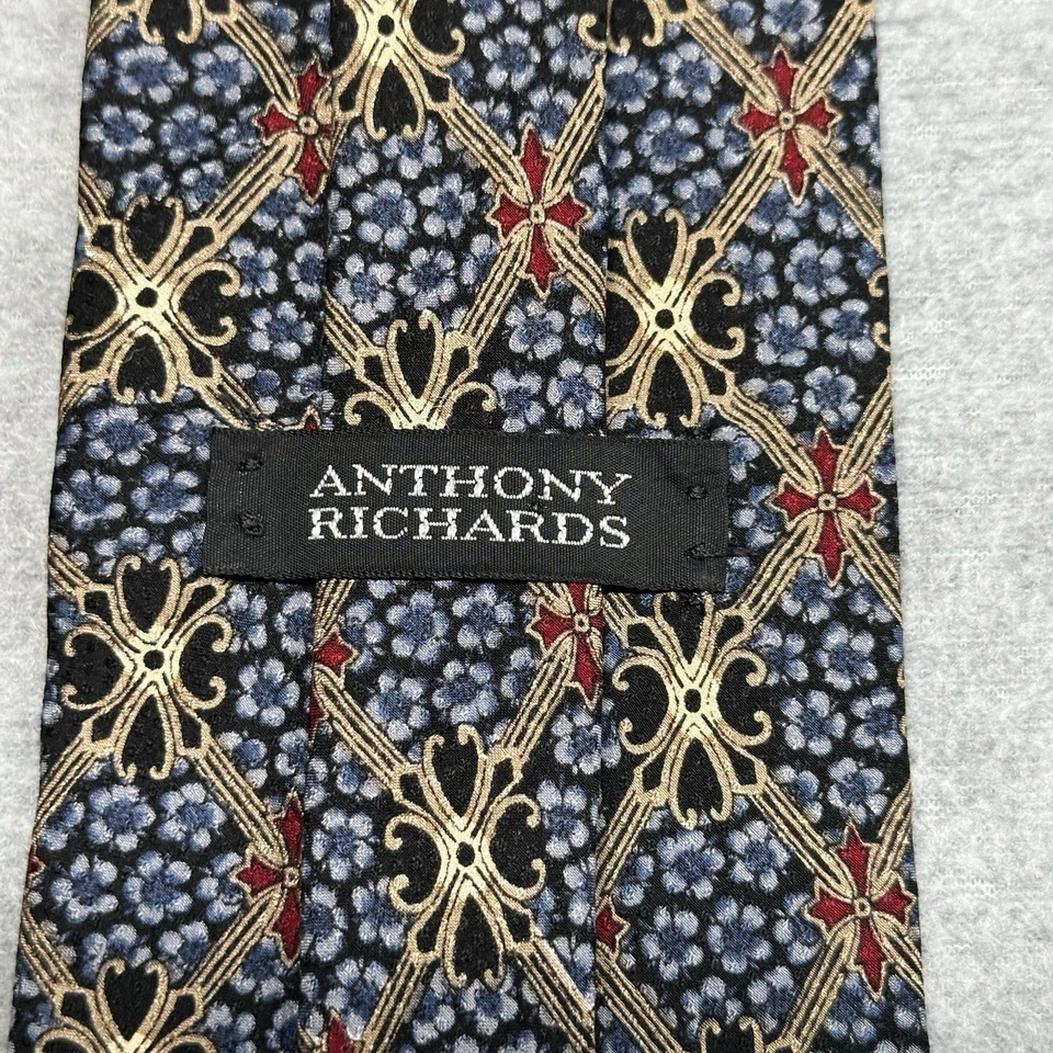 Corbata de Seda Anthony Richards Vintage Azul Floral Patrón Geométrico Hecha en EE. UU. Foto 2 de 4