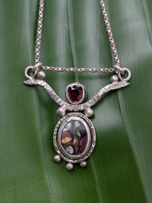 Australian Boulder Opal And Garnet Sterling Silver Artisan Made Necklace .A36d