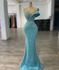 Luxury Blue Beaded Mermaid Evening Dresses Crytsal Sequin Celebrity Party Gowns
