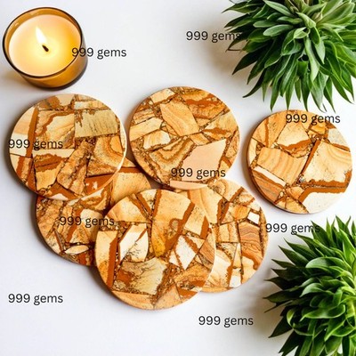4 Pcs Picture Jasper Handmade Round Cup Holder Coaster for Coffee 4 Inches Set