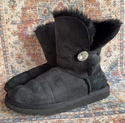 Ugg Boots Size 10 / 41 Bailey Bling Black Suede Swarovski Crystal Button 3349