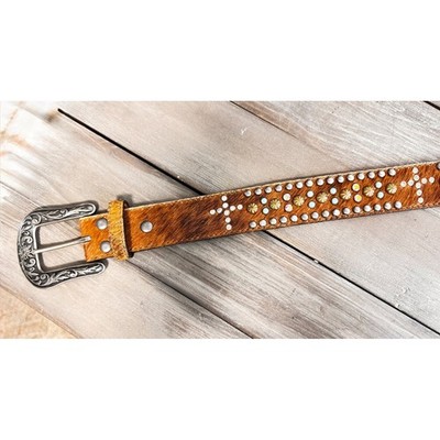 Nocona Belt Large Brown Leather Hair Hide Studded Cross Belt 