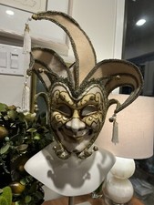 Vintage Venetian Jester Mask - Gold and Ivory Decor With Bells - Handmade