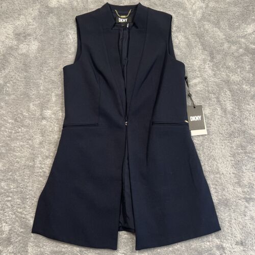 DKNY Sleeveless Lapel Top Women’s 2 Navy Blue Tunic Long Office Business NWT