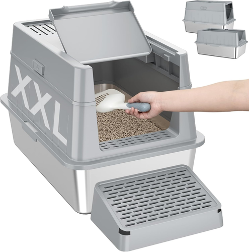 Lettiera in Acciaio Inox Con Coperchio E Maniglia, Grande Lettiera Chiusa XXL pe - Foto 11 di 12