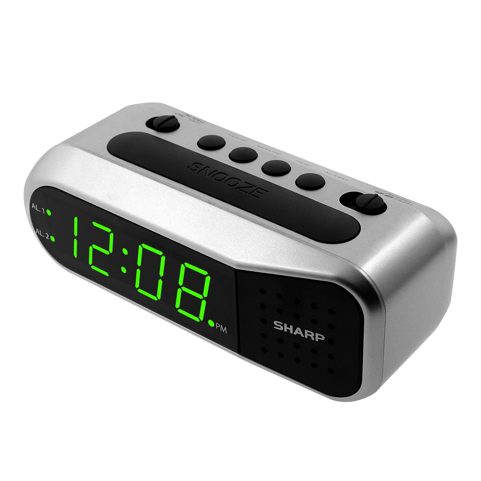 SHARP Digital Dual Alarm Clock, Silver with Green LED Display, Ascending Alarm