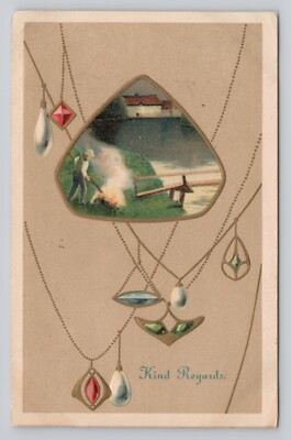 Kind Regards Art Nouveau Style Gemstone Jewelry Country Scene c1913 Postcard