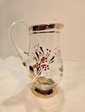 MADE IN ROMANIA 1960s VINTAGE GLASS CREAM MILK JUG GOLD GILT RED FLORAL DESIGN