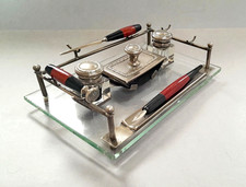 ANTIQUE SILVER PLATE & GLASS ART DECO DOUBLE INKWELL DESKSTAND/BAKELITE PEN ETC.