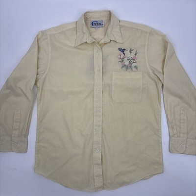 Las Olas Women S Button-Up Top Embroidered Hummingbird Yellow Stripe Lightweight