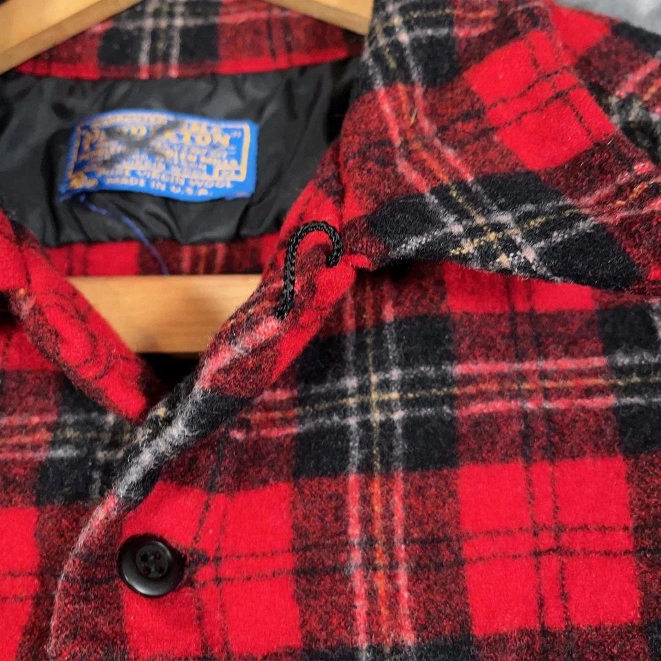 Vintage Pendleton Wool Shirt Jacket Mens SHRUNK XL Red Black Plaid USA 70s - Image 3 of 4