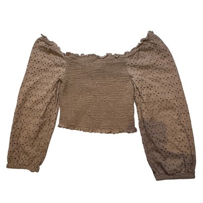 Love Tree Smocked Crop Top Women's Size M Brown Eyelet Puff Sleeve 2825TY
