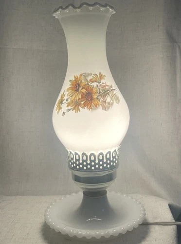 Vintage Milk Glass Hurricane Lamp 12.5" Yellow Daisy Floral Cottage Farmhouse