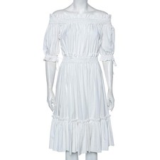 Alexander McQueen White Cotton Ruched Tiered Off Shoulder Midi Dress M