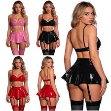 Women's leather lingerie set No Pad Bra Top and Miniskirt for Nightclub Rave
