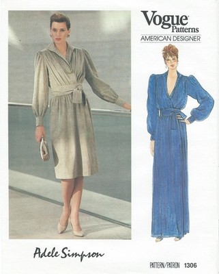 1980s Vogue 1306 Adele Simpson Size 14 B36 Wrap Dress Pattern Two Lengths CC