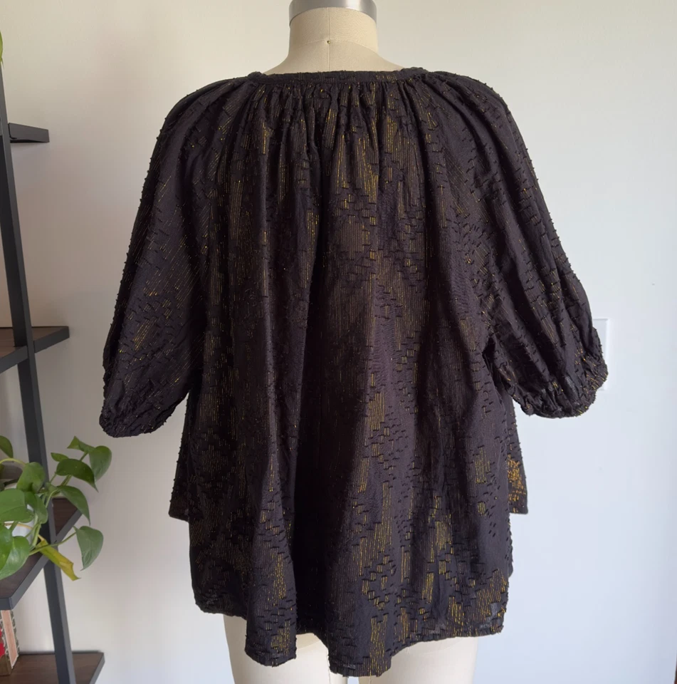 ROBERTA ROLLER RABBIT Metallic Gold/Black V-Neck Peasant Blouse-Size L-RRP $158 - Image 3 of 4