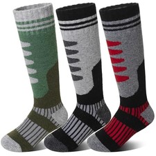 Kids Merino Wool Ski Socks 3 Pairs Boys Girls Thermal 4-7 Years Grey/Green
