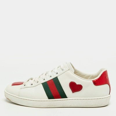 Gucci Ace Size 37 White Leather and Python Embossed Web Heart Detail Low Top